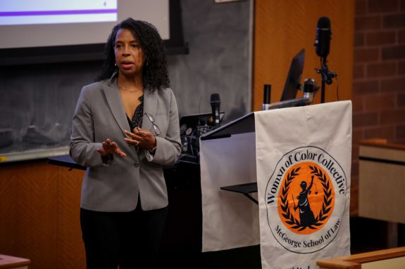 Woman gives a lecture.